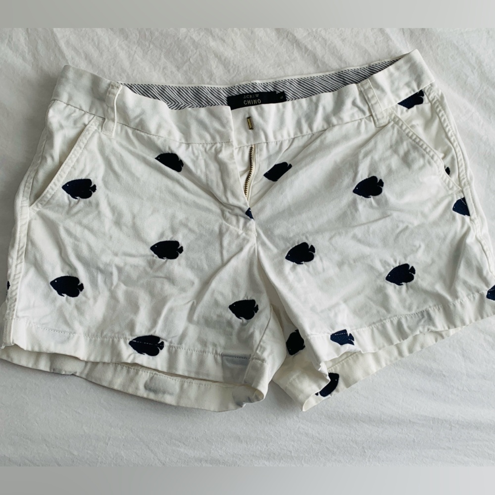 J. Crew White Shorts with Navy Fish Embroidery